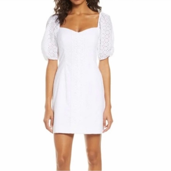 Lilly Pulitzer Daniela Cotton Eyelet Mini Coquette Dress White Puff Sleeves 14